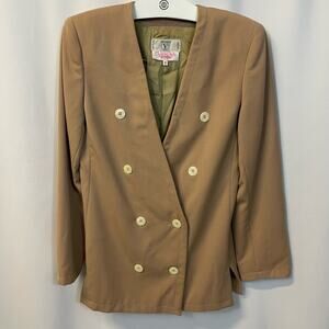 Valentino Miss V Sand VTG Vintage Double Breast Deep V Shoulder Pads Blazer 6